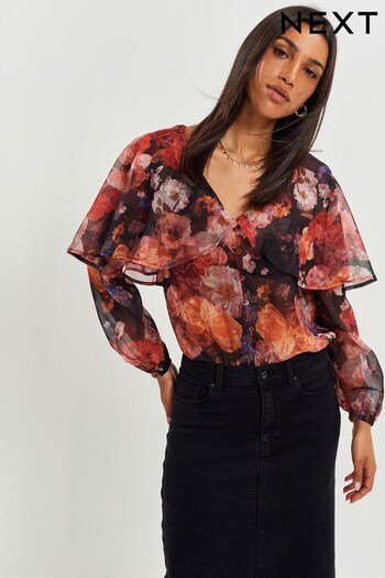 Orange/Black Floral Cape Long Sleeve Blouse (975126) | £32