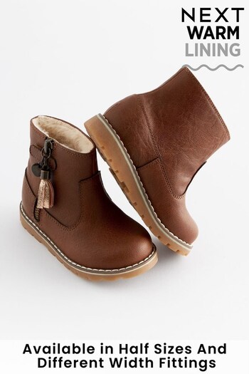 Tan Brown Wide Fit (G) Warm Lined Tassel Detail Zip Boots (975178) | £27 - £31