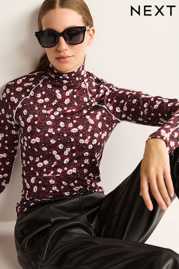 Berry Red Ditsy Floral Long Sleeve Roll Neck Top (975767) | £22