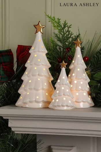 Laura Ashley White Light Up LED Set of 3 Ceramic Christmas Trees (976121) | £35