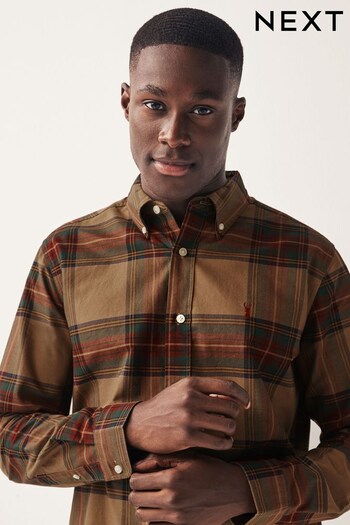 Tan Brown Check Long Sleeve Oxford Shirt (976589) | £32
