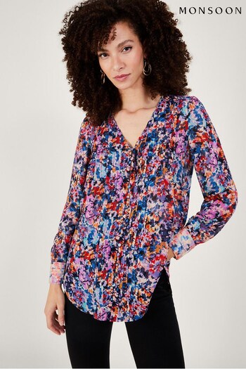 Monsoon Multicolour Palmer Print Pleated Blouse in Sustainable Viscose (976978) | £55