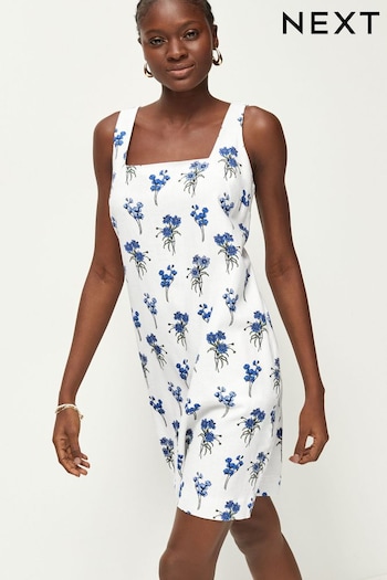 White/Blue Square Neck Shift Mini Dress stico With Linen (977390) | £25