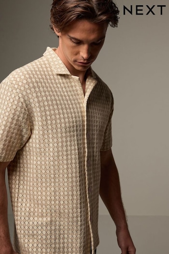 Ecru/White Cuban Collar Textured Jersey Short Sleeve Shirt (978173) | £14