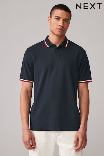 Navy Blue/Red/White Short Sleeve Tipped Regular Fit Polo Shirt (978377) | £25