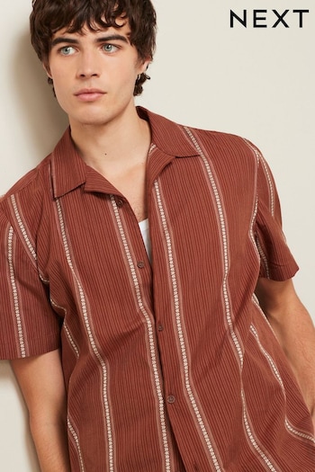 Brown Textured Stripe Short Sleeve Shirt With Cuban Collar (978436) | £30