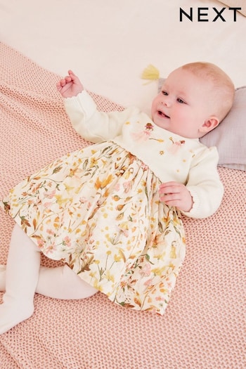 Cream/ Ochre Fairy Floral Bunny Embroidery Baby Dress (0mths-2yrs) (979011) | £23 - £25