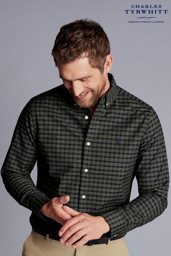 Charles Tyrwhitt Green Check Slim Fit Button Down Washed Oxford Shirt (979618) | £60