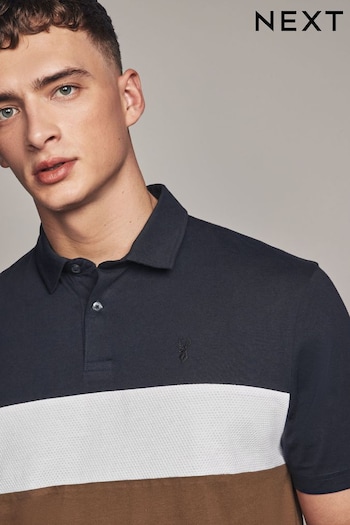 Navy/Tan Brown Short Sleeve Button Up Block Polo Shirt (979869) | £18