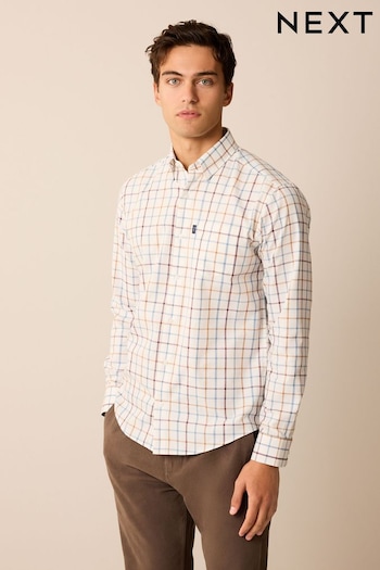 Ecru White/Blue Tattersall Regular Fit Easy Iron Button Down Oxford Shirt (979977) | £22