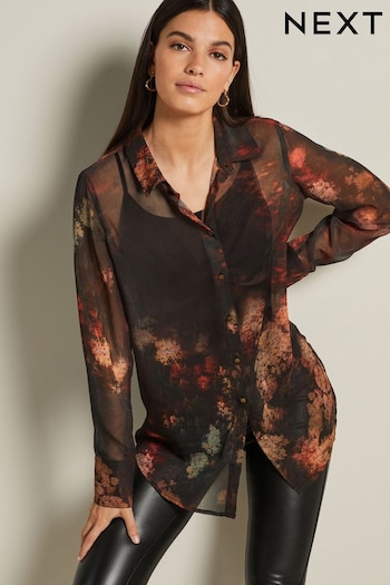 Black and Red Smudge Print Gold Button Detail Sheer Long Sleeve Shirt (980046) | £25