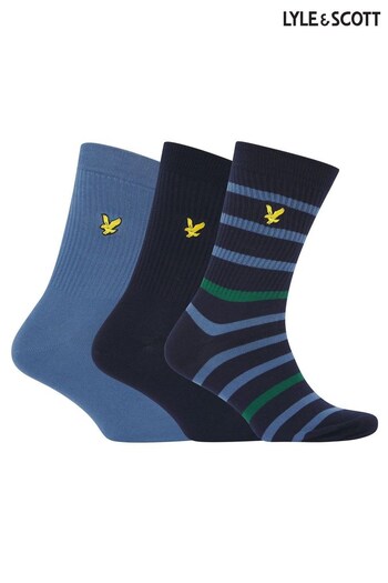 Lyle and Scott Blue Fabian Rib Stripe Socks 3 Pack (980121) | £19