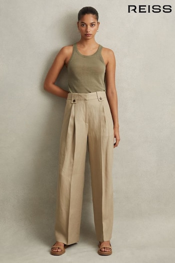 Reiss Light Khaki Leila Linen Front Pleat Trousers (980291) | £178