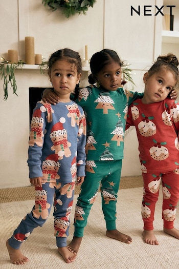 Red/Blue/Green Christmas 100% Cotton Snuggle Pyjamas 3 Pack (9mths-12yrs) (980506) | £26 - £34