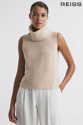 Reiss Neutral Kasha Wool-Cashmere Sleeveless Removable Roll Neck Vest (981054) | £138