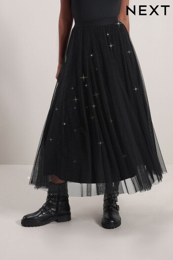 Black Velvet Mesh Midi Skirt (981190) | £62
