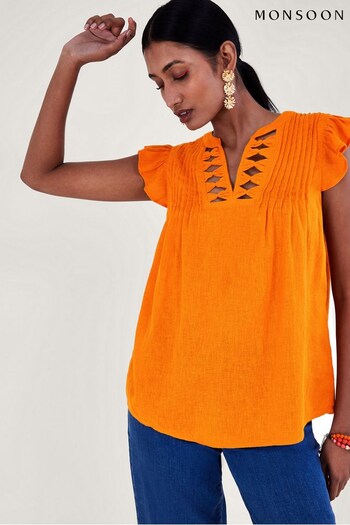 Monsoon Orange Flutter Sleeve Neck Detail Top in Linen Blend (981836) | £42