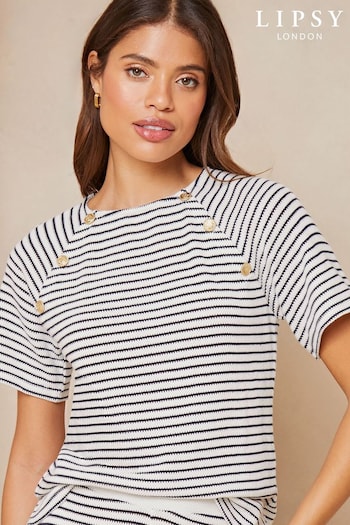 Lipsy White Navy Blue Stripe Crochet Button Short Sleeves Round Neck T-Shirt Hoodie (981897) | £29