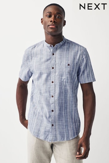 Blue Grandad Collar Textured Stripe Short Sleeve Shirt With Grandad Collar (981924) | £30