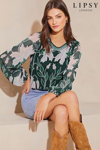 Lipsy Green Round Neck Printed Long Sleeve Blouse (982071) | £44