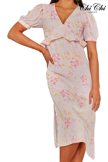 Chi Chi London Pink Short Sleeve Floral Printed Midi Summer Dress (982380) | £65