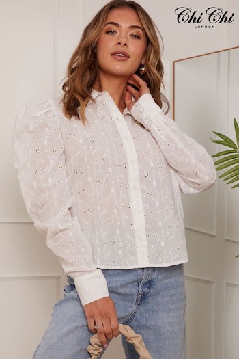 Chi Chi London White Broderie Anglais Puff Sleeve Shirt (982476) | £50