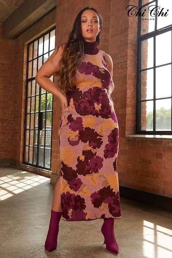 Chi Chi London Pink Dark Floral High Neck Knitted Midi Dress (982533) | £63