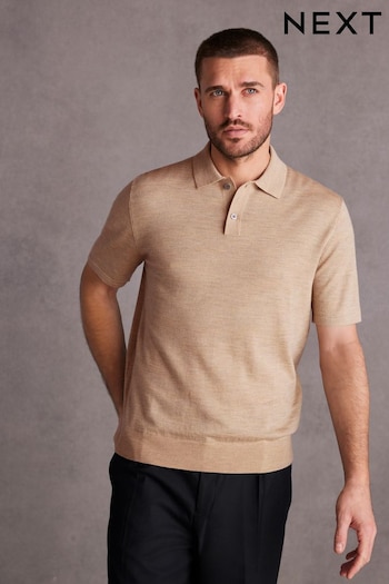 Neutral Knitted Premium Merino Wool Regular Fit Polo Shirt (982651) | £40