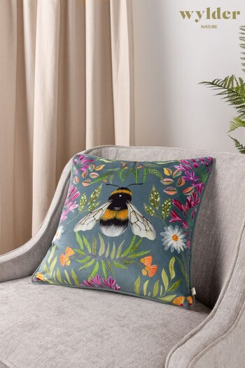 Wylder Nature Blue House Of Bloom Zinnia Bee Floral Velvet Piped Cushion (982654) | £17