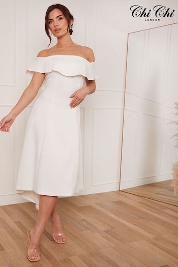 Chi Chi London White Bardot Ruffle Midi Dress (982661) | £79