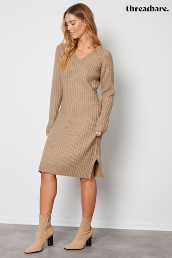 Threadbare Brown Petite V-Neck Knitted Midi Dress (983346) | £35