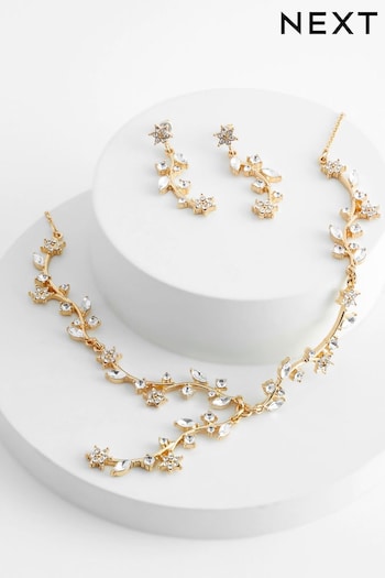 Gold Tone Sparkle Leaf Y Necklace and Drop Earrings Set (983426) | £20