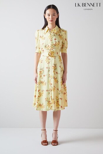 LK Bennett Yellow Amor Cherry Blossom Print Crepe Dress (984177) | £359