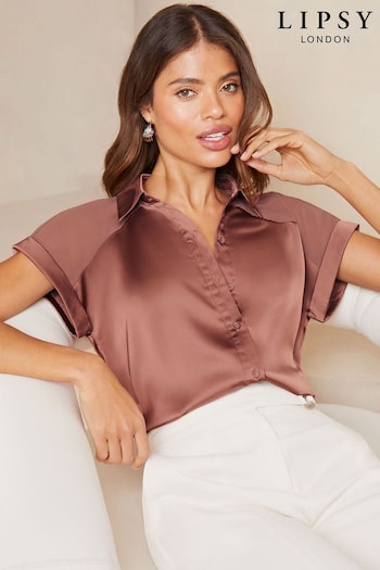 Lipsy Pink Satin Short Sleeve Button Through Shirt (984417) | £36