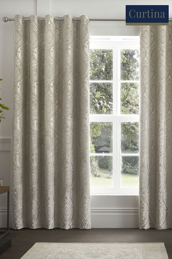 Curtina Natural Chateau Textured Chenille Damask Lined Eyelet Curtains (985878) | £65 - £110