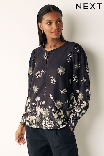 Black Floral Ground Long Sleeve Keyhole Blouse (986417) | £30