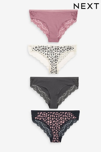 Black/Grey/Cream/Pink Printed Bikini Cotton and Lace Knickers 4 Pack (986837) | £17