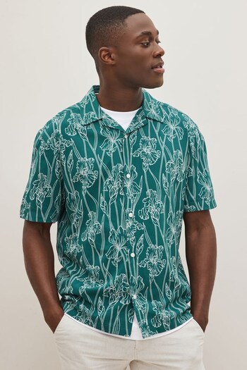 Green/Blue Floral Print Cuban Collar Short Sleeve Shirt (987194) | £30