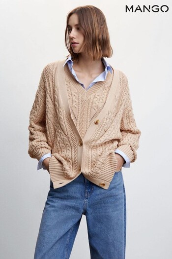 Mango Buttoned Knit Braided Brown Cardigan (987417) | £50