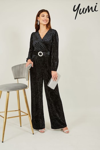 Yumi Black Velvet Long sleeve Jumpsuit With Diamanté Belt (987558) | £65