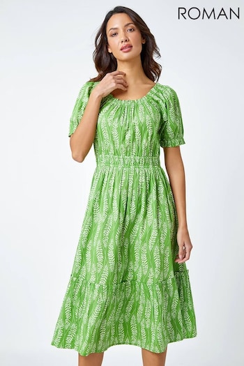 Roman Green Leaf Print Stretch Neck Midi Dress (987601) | £40