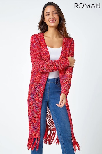 Roman Red Fringed Hem Mixed Yarn Longline Cardigan (987749) | £40