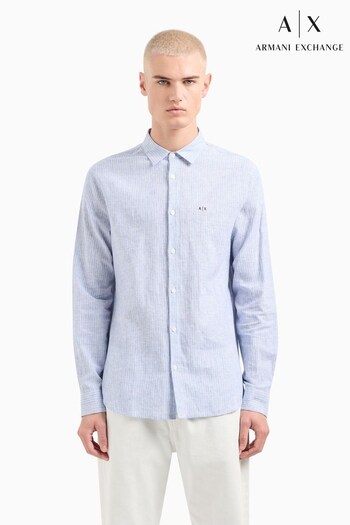 Armani micro-pattern Exchange Blue Stripe Linen Long Sleeve Shirt (987789) | £105