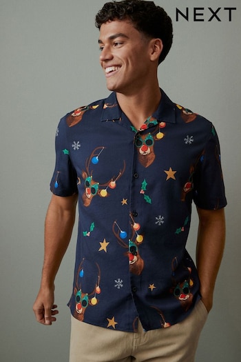 Navy Blue Rudolph Contrast Print Shirt (987819) | £30