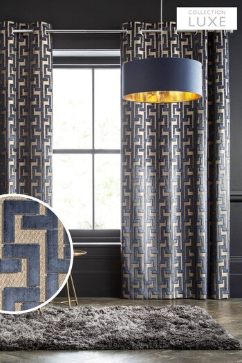 Navy Blue Next Collection Luxe Fretwork Heavyweight Velvet Eyelet Lined Curtains (988459) | £175 - £350