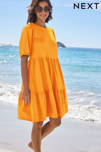 Orange Cotton Short Puff Sleeve Tiered Mini Dress (989508) | £22