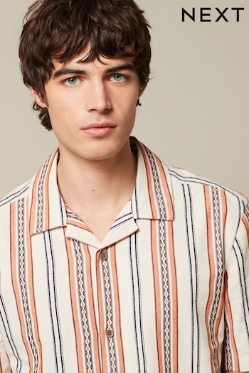 Ecru/Orange Textured Stripe Short Sleeve Shirt With Cuban Collar (989610) | £30