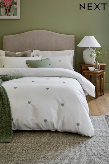 White With Silver Hearts Embroidered Duvet Cover and Pillowcase Set (989830) | £40 - £70