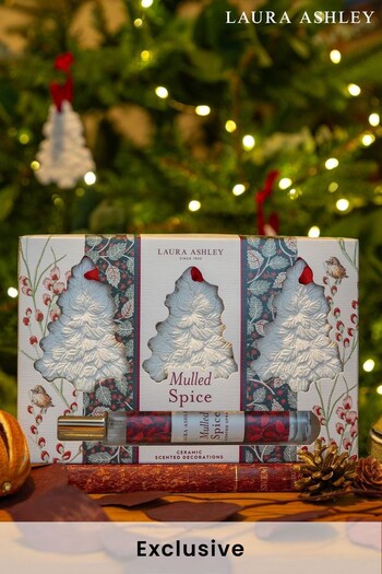 Laura Ashley Red Christmas Mulled Spice Set of 3 Ceramic Tree Shaped Scented Decorations with 30ml Room Spray (990024) | £16