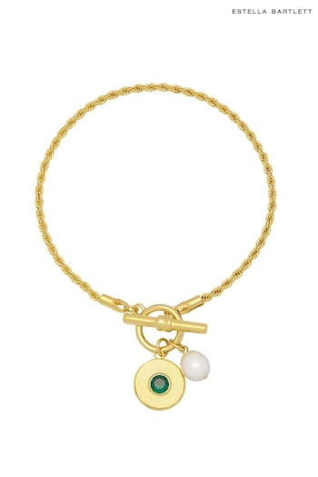 Estella Bartlett Gold Tone The Edit Collection Green And Pearl Rope T-Bar Bracelet (990327) | £45